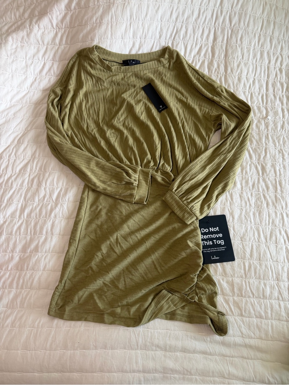 Lulu's Olive Green Long Sleeve Side-Ruched Knit Dress